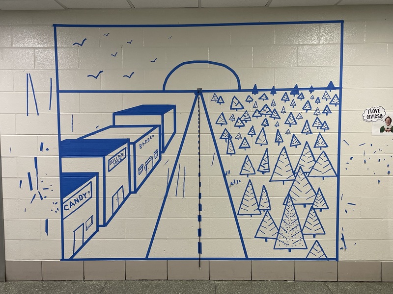 Tape mural using one point perspective principles